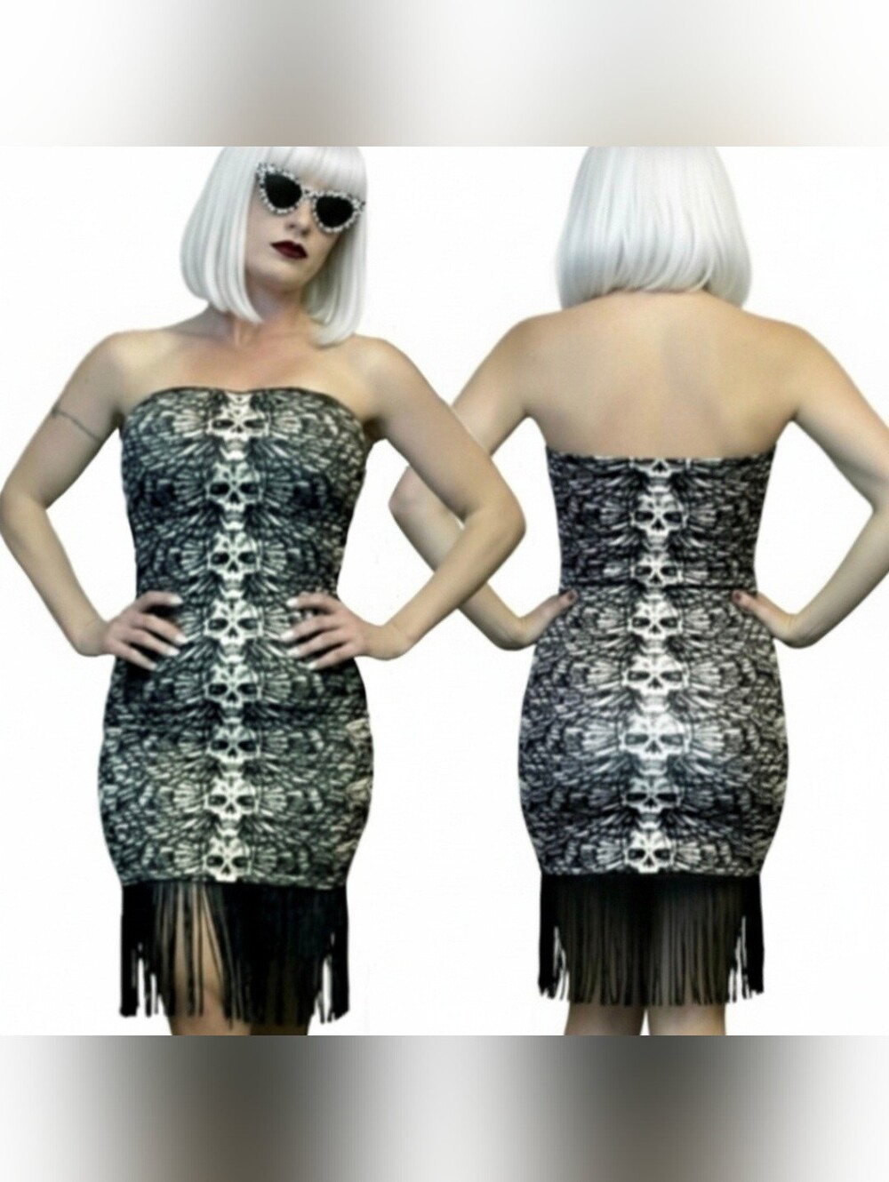 Vtg Lip Service white blk graphic skull wings tube top bodycon fringe dress XL - Picture 4 of 16